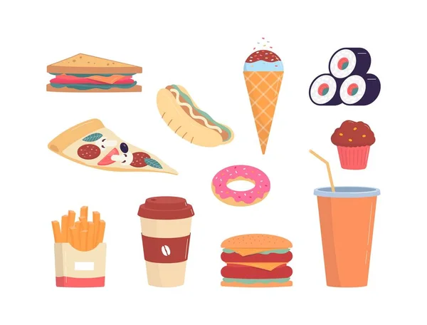 Fast Food Menu Items Collection Flat Vector Illustration Isolated White — Image vectorielle