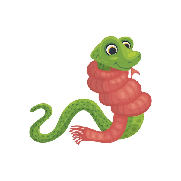 Funny Green Cartoon Snake Cartoon Character Warm Scarf Flat Vector — Vettoriale Stock