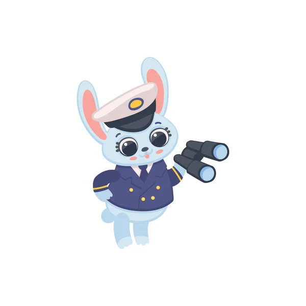 Funny Bunny Rabbit Captain Binoculars Cartoon Character Flat Vector Illustration — Stok Vektör