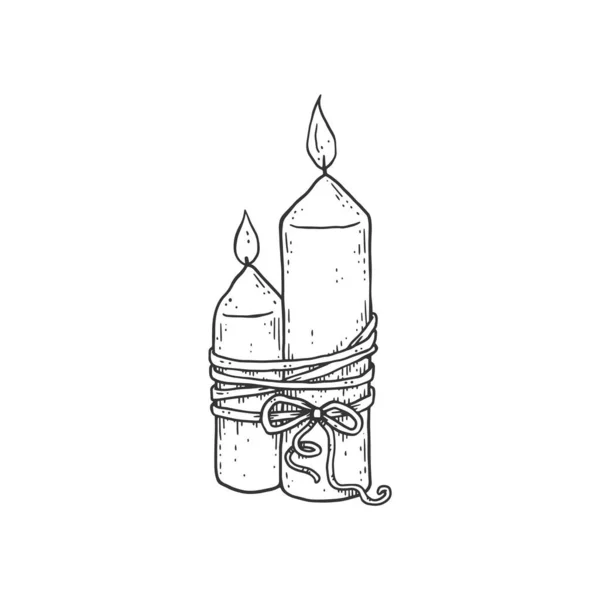 Two Burning Candles Tied Cord Hand Drawn Monochrome Engraving Vector — Stock Vector