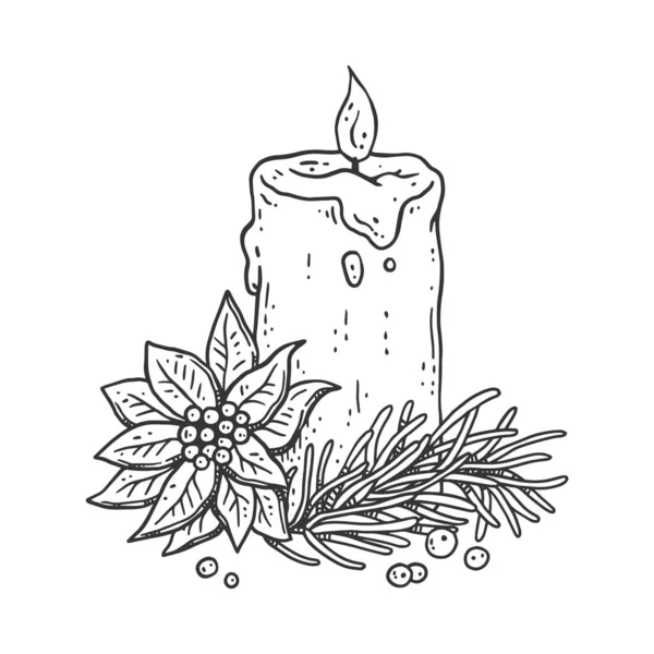 Burning Christmas Festive Candle Fir Branch Poinsettia Flower Hand Drawn — Stockový vektor