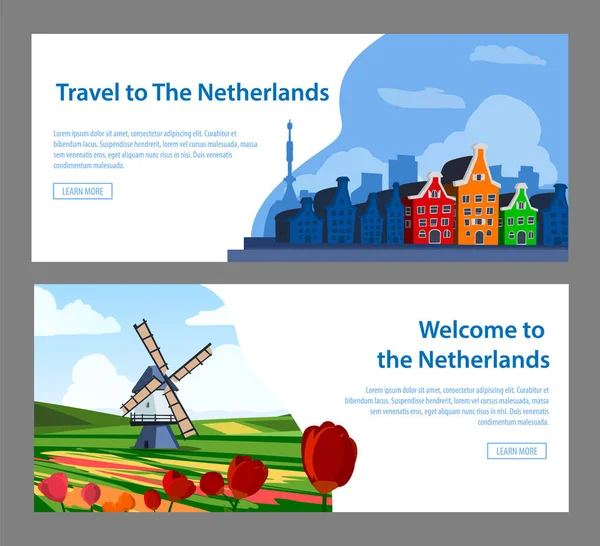 Travel Netherlands Banners Flyers Set Featuring Sights Holland Flat Vector — Stockový vektor