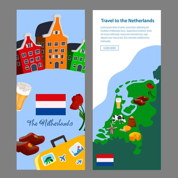 Traveling Holland Netherlands Banners Posters Social Network Set Famous Landmarks —  Vetores de Stock