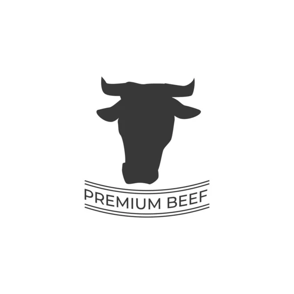 Premium Beef Label Logo Template Black Silhouette Cow Head Cartoon — Vetor de Stock