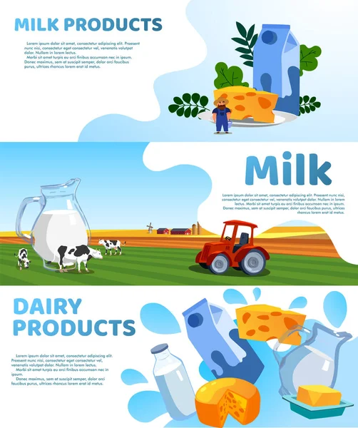 Dairy Milk Products Horizontal Banners Advertising Different Cheeses Milk Food — Stockový vektor