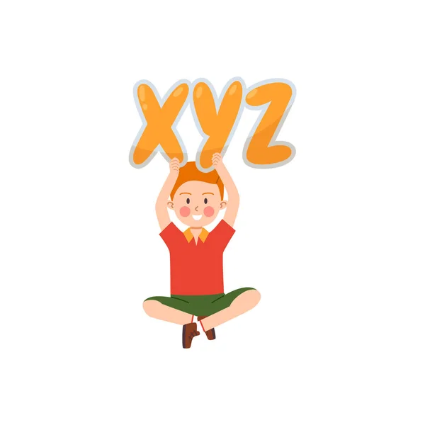 Happy Boy Sitting Alphabet Letters Xyz His Head Flat Vector — 图库矢量图片