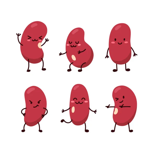 Cute Kidney Beans Face Different Emotions Cartoon Flat Vector Illustration — Vector de stock
