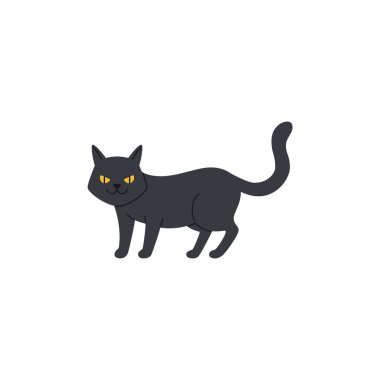 Angry and spooky black cat as symbol of bad luck, flat vector illustration isolated on white background. Cartoon character of animal. Misfortune omen. Halloween and superstition concepts.