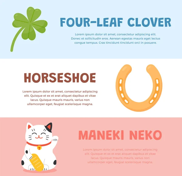 Good Fortune Symbols Posters Set Four Leaf Clover Horseshoe Maneki — Stockový vektor