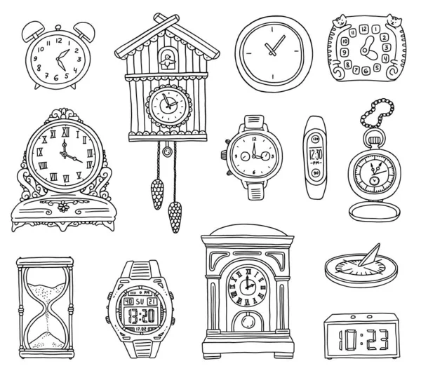 Hand Drawn Clock Set Doodle Style Vector Illustration Isolated White — Archivo Imágenes Vectoriales
