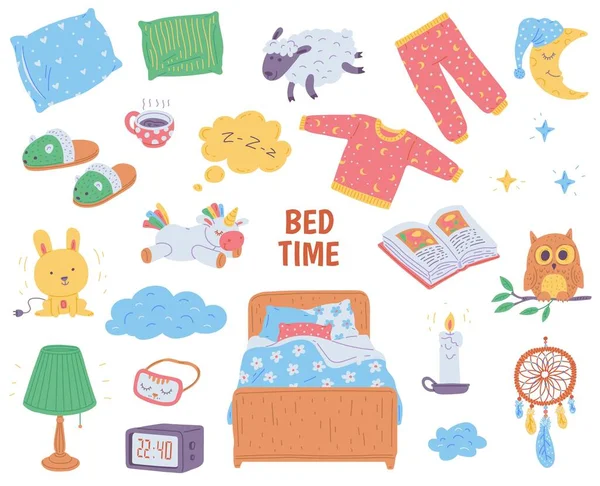 Bedtime Collection Items Icons Hand Drawn Flat Vector Illustration Isolated — Archivo Imágenes Vectoriales