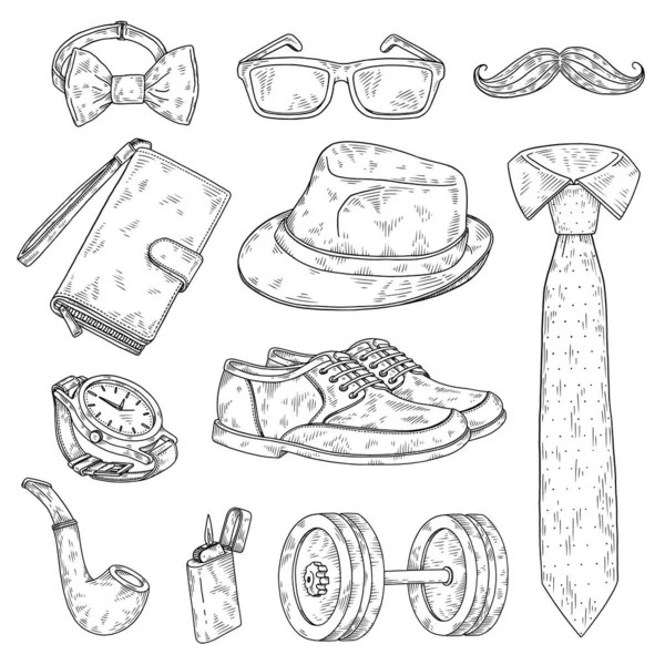 Men Fashion Accessories Icons Collection Hand Drawn Engraving Vector Illustration — Stock Vector