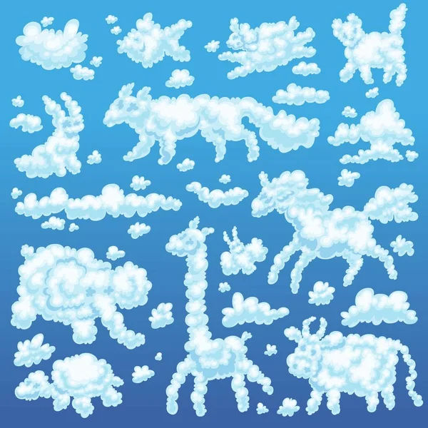 Clouds Animal Shapes Collection Cartoon Flat Vector Illustration Isolated Sky — 스톡 벡터