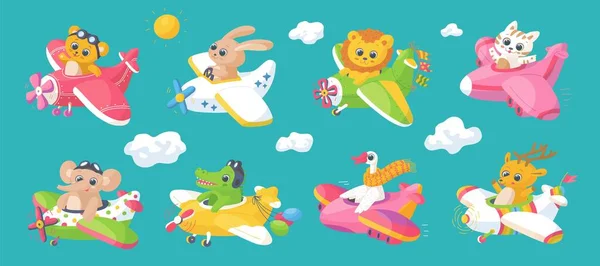 Cute Animals Characters Flying Planes Flat Cartoon Vector Illustration Isolated — ストックベクタ