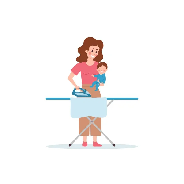 Happy Woman Holds Baby Boy Irons Clothes Flat Vector Illustration — Archivo Imágenes Vectoriales