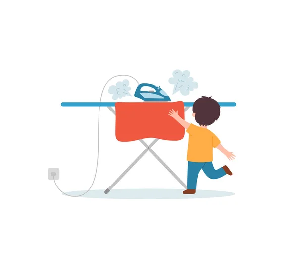 Curious Child Runs Touch Hot Iron Flat Vector Illustration Isolated — Vetor de Stock