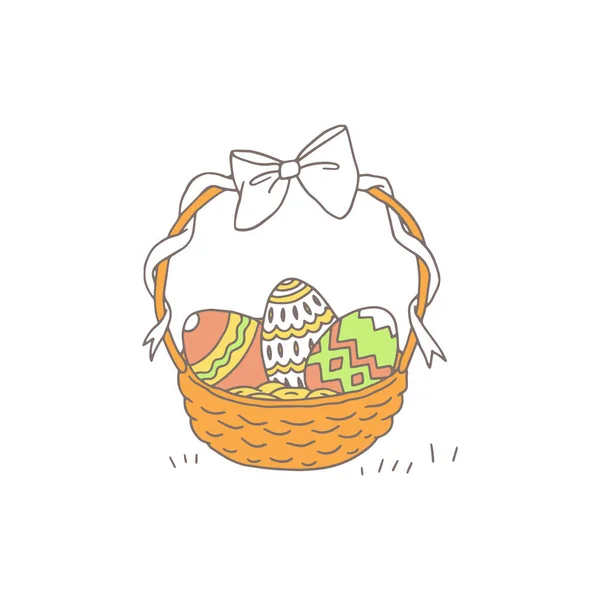 Wicker Basket Decorated Easter Eggs Cartoon Vector Illustration Isolated White — Stok Vektör