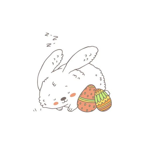 Cute Rabbit Sleeping Next Decorated Easter Eggs Cartoon Vector Illustration — Stockvector