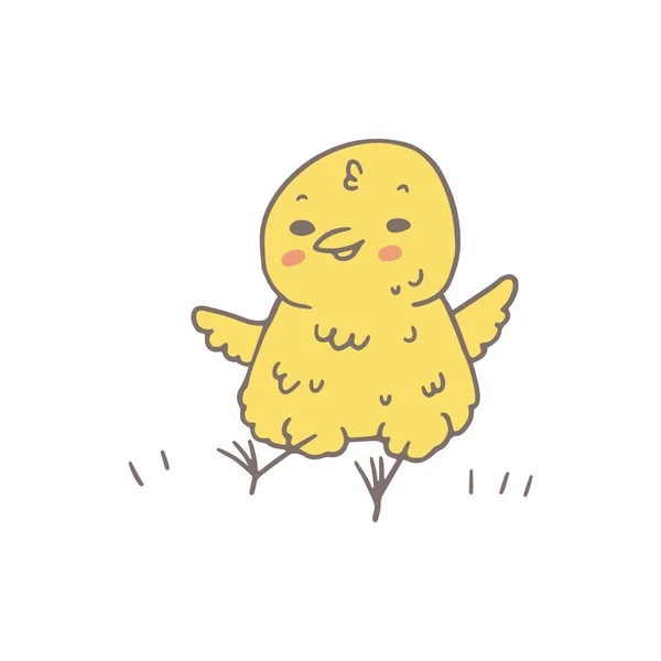 Cute Yellow Chick Sits Grass Hand Drawn Doodle Vector Illustration — Stock vektor