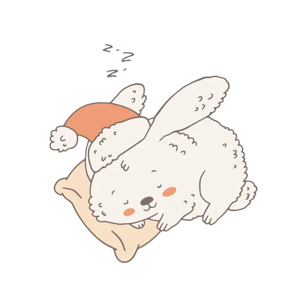Cute Cartoon Rabbit Bunny Santa Hat Sleeping Pillow Doodle Vector — Archivo Imágenes Vectoriales