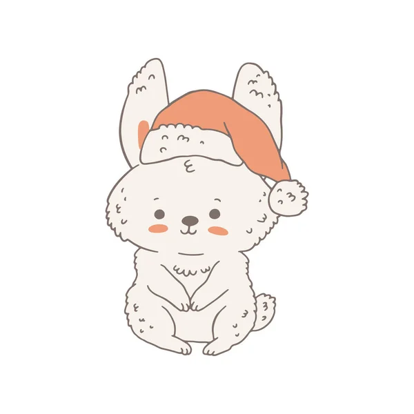 Christmas Cute White Bunny Xmas Santa Claus Hat Hand Drawn — Stockvector