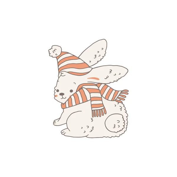Christmas Cute Bunny Rabbit Winter Hat Scarf Hand Drawn Doodle — ストックベクタ