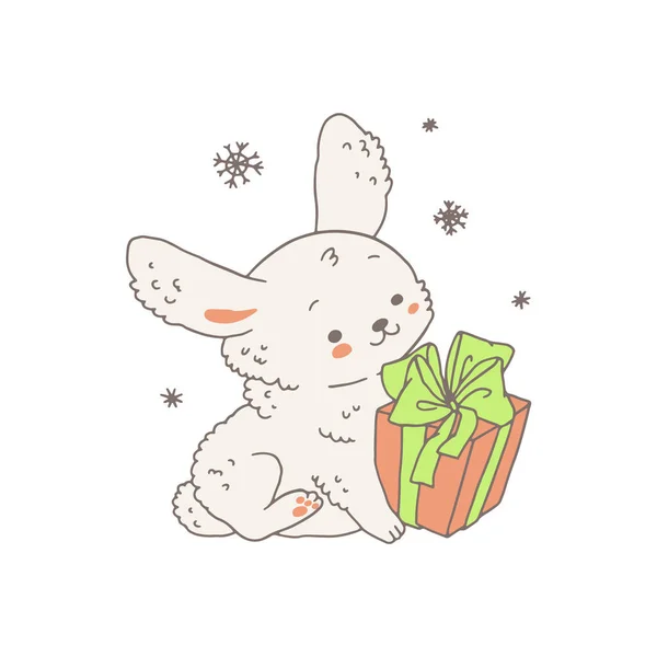 White Cute Rabbit Bunny Gift Box Hand Drawn Doodle Style — Archivo Imágenes Vectoriales