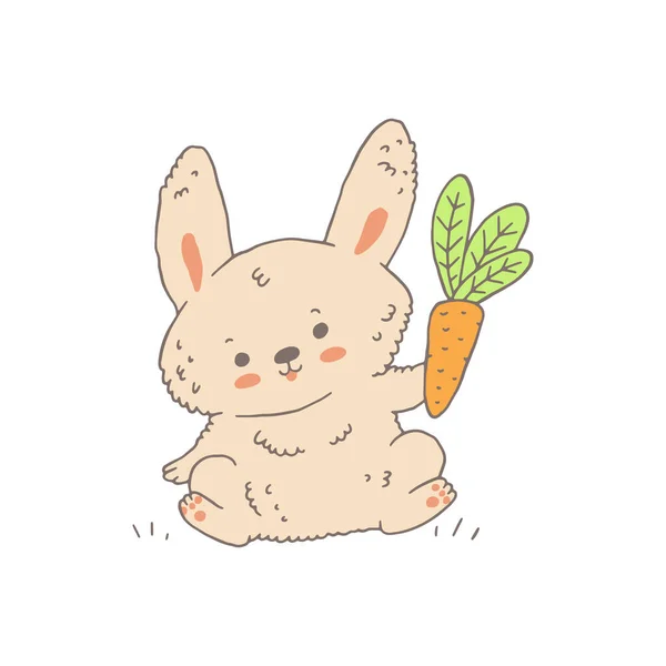 Cartoon Rabbit Holding Carrot Childish Vector Illustration Isolated White Background — Vetor de Stock