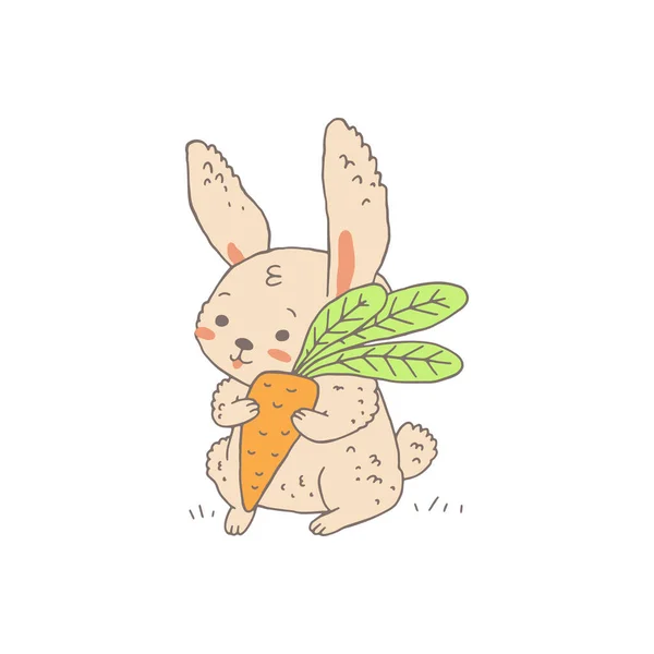 Rabbit Bunny Hugging Carrot Green Leaves Cartoon Vector Illustration Isolated — Archivo Imágenes Vectoriales