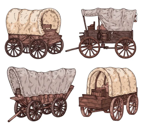 Old Horse Four Wheeled Carriages Carts Collection Hand Drawn Sketch — стоковый вектор