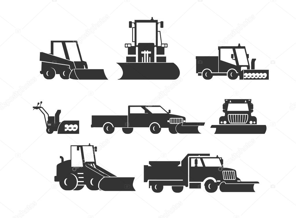 Snow plow trucks and machines monochrome black icons, flat vector illustration isolated on white background. Set of snowblow equipment for road cleaning in winter.
