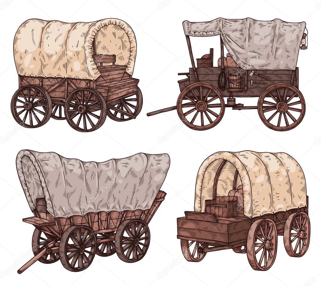 Old horse four-wheeled carriages or carts collection, hand drawn sketch vector illustration isolated on white background. Ancient horse travel transport for carriage.