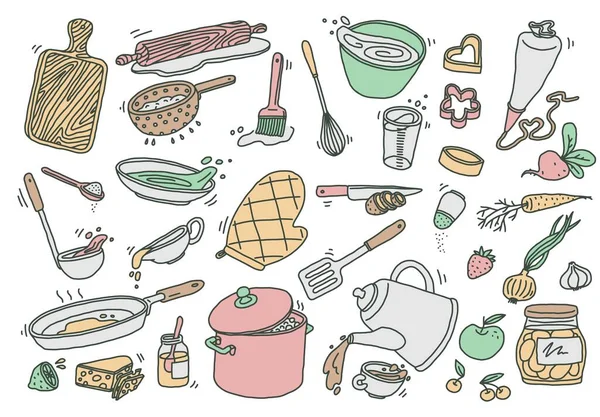 Kitchen Utensil Items Collection Doodle Sketch Style Vector Illustration Isolated — Archivo Imágenes Vectoriales