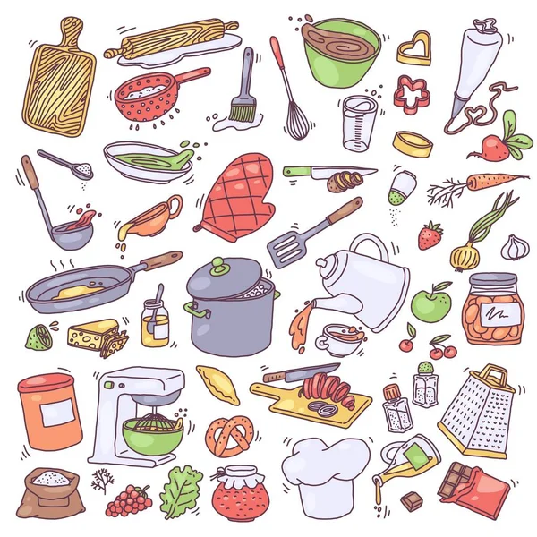 Kitchen Tools Food Ingredients Set Doodle Vector Illustration Isolated White — Vetor de Stock