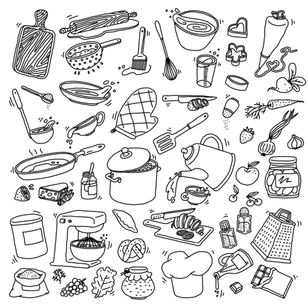 Kuchyně Jídlo Vaření Nádobí Nářadí Set Ručně Kreslený Styl Vektorové — Stockový vektor