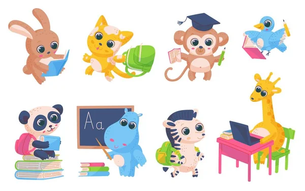 Back School Animals Characters Set Flat Cartoon Vector Illustration Isolated — Image vectorielle