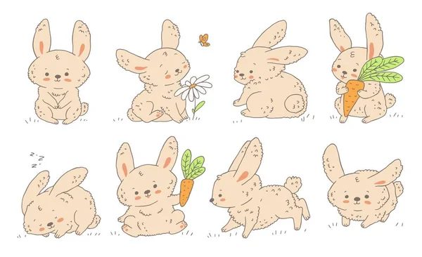 Cute Rabbit Different Poses Bunny Holding Carrot Flower Cartoon Vector — Stock vektor