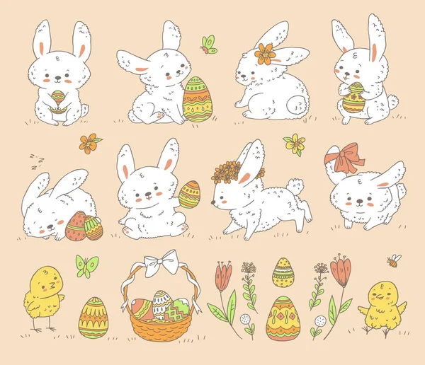 Easter Icons Set Cute Rabbits Flowers Hand Drawn Doodle Vector — Vetor de Stock