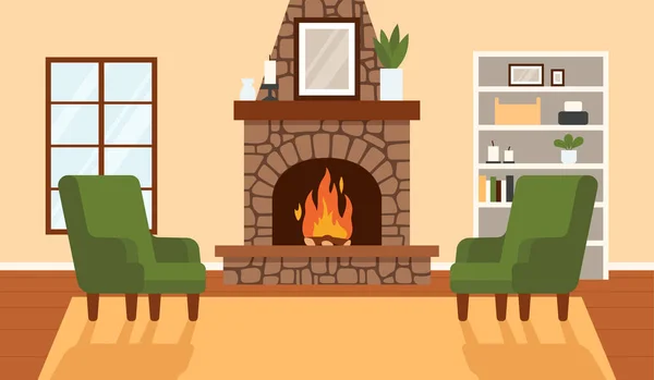 Living Room Interior Brick Fireplace Armchairs Bookshelf Flat Vector Illustration — Image vectorielle