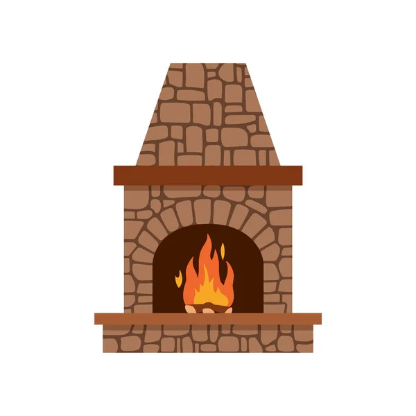 Classic Stone Fireplace Fire Flame Hearth Flat Vector Illustration Isolated — Stock Vector