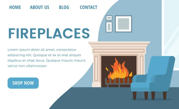 Fireplace Advertising Landing Page Template Flat Vector Illustration Web Banner — Image vectorielle