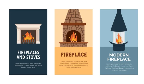 Fireplace Stove Advertising Banners Posters Flat Vector Illustration Cards Modern — 图库矢量图片