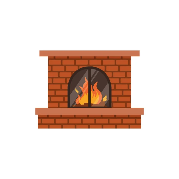 Traditional Brick Fireplace Fire Glass Flat Vector Illustration Isolated White — ストックベクタ