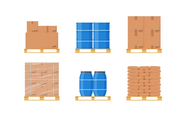 Various Storage Containers Boxes Stacked Wooden Pallets Flat Vector Illustration — Wektor stockowy