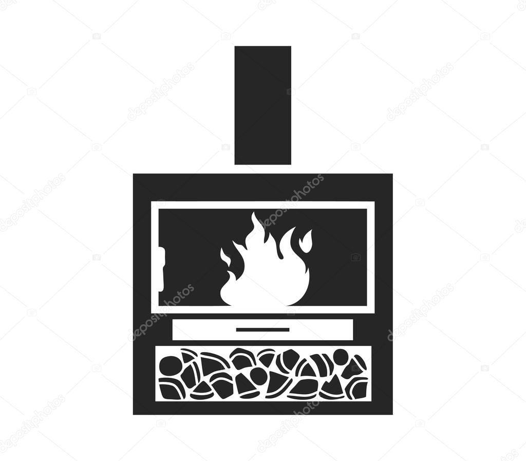 Fireplace with chimney pipe and burning firewoods icon or symbol in minimalist monochrome style, flat vector illustration isolated on white background.
