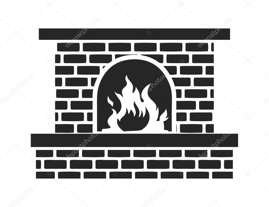 Fireplace or chimney made of bricks with burning firewoods, minimalist monochrome vector illustration isolated on white background. Classic vintage home fireplace.