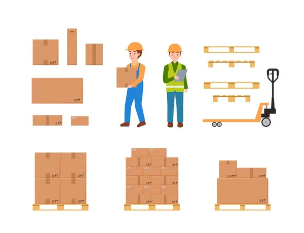 Warehouse Postal Service Icons Set Including Cartoon Characters Storage Workers — Archivo Imágenes Vectoriales