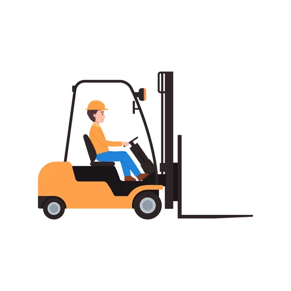Man Helmet Driving Forklift Truck Flat Vector Illustration Isolated White — Image vectorielle