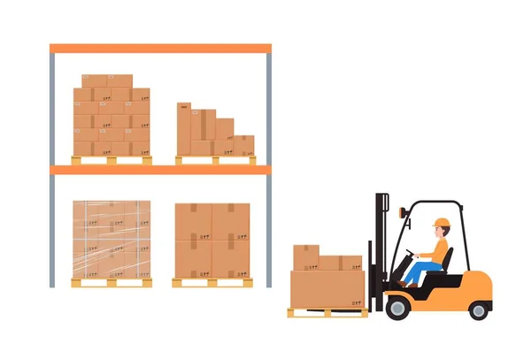 Warehouse Shelves Boxes Wooden Pallet Man Driving Forklift Truck Flat — Wektor stockowy