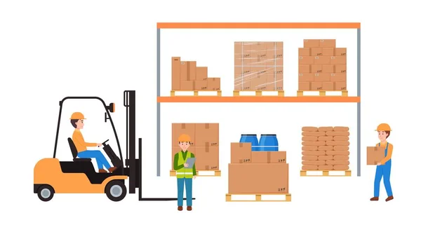 Warehouse Factory Working Process Man Driving Forklift Truck Flat Vector — стоковый вектор